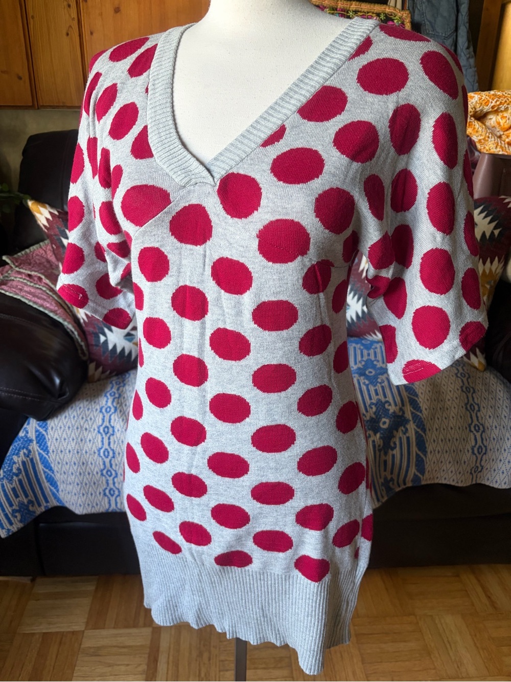 Grey V-Neck Polka Dot Sweater with Pink Dots Size Medium